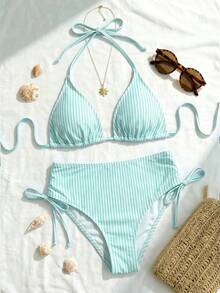 Swim Mod Bộ đồ bơi nữ cỡ lớn mới năm 2026, 2 món/bộ, họa tiết sọc ngẫu nhiên, cạp cao, có dây rút, kiểu dáng thường ngày. - Màu xanh bạc hà - Xem 1