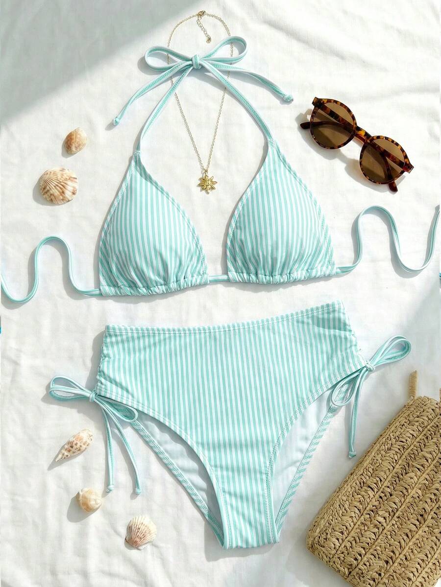 Swim Mod Bộ đồ bơi nữ cỡ lớn mới năm 2026, 2 món/bộ, họa tiết sọc ngẫu nhiên, cạp cao, có dây rút, kiểu dáng thường ngày. - Màu xanh bạc hà - Xem 1