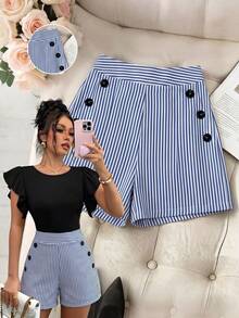 Elenzga Striped Button Decor Elegant Romantic Commute Minimalist Shorts Vacation Blue And White Stripe Summer - Blue and White - View 3