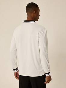 Tonviero Camisa polo de manga larga con gráficos de letras y ribete a rayas, camisa polo urbana casual con bloques de color, regalo para novio, otoño - Blanco - Ver 2