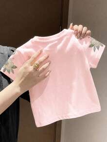 少女壓花 T-shirt，淡粉色夏季校園波希米亞野花短袖上衣，復古植物印花 Tee，可愛 Y2K 風格 - 彩色 - 查看 2