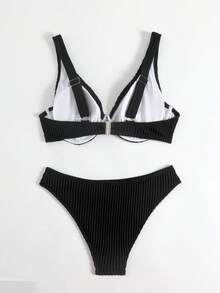Swim DD+ 2026款女士DD+码极简条纹比基尼套装，金属装饰，带衬垫罩杯，适合夏季海滩度假 - 黑色 - 查看 2