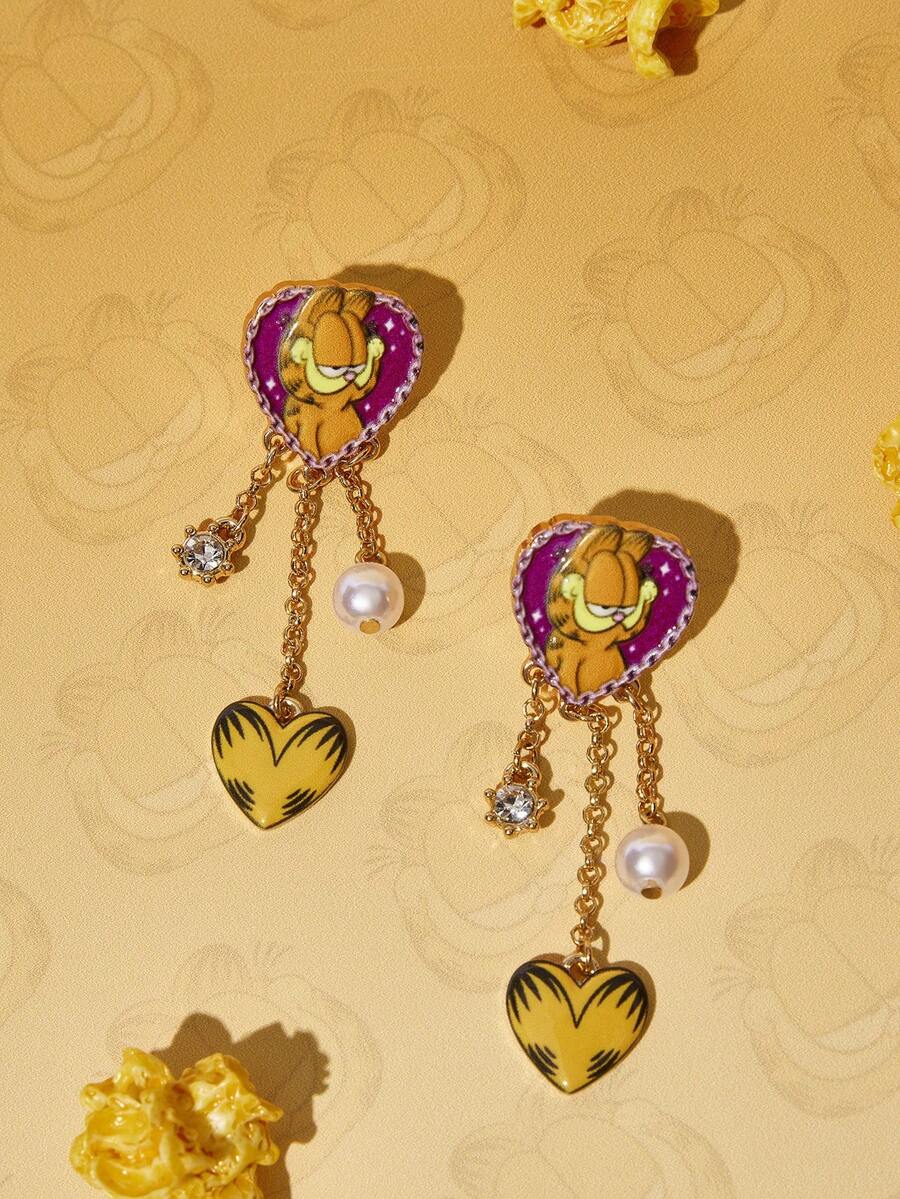 GARFIELD | SHEIN 一對新款創意卡通愛貓印花耳釘,IP聯名設計,可愛個性化,簡約大方,亦可用作飾品,適合各種派對、演唱會、節慶,精美禮物 - 金色 - 查看 1