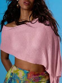 MUSERA Poncho de Tricô com Decote Assimétrico e Ombros à Mostra, Bainha Assimétrica, Verão Sexy, Saída, Praia, Férias, Ibiza, Clube, Febre Tropical - Rosa Bebê - Visão 4