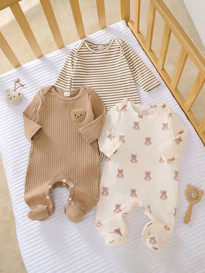SHEIN 3 piezas de mamelucos con pies de manga larga para recién nacidos, pijamas suaves y cómodos para bebés, el mejor regalo para recién nacidos