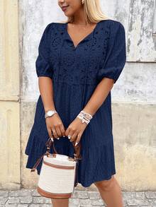 Breezaya Plus Size V-Neck Lantern Sleeve Tassel Lace Patchwork Dress - Navy Blue - View 6