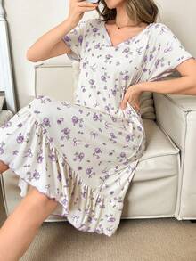 SHEIN V領花卉荷葉邊女款睡袍 - 紫色 - 查看 3