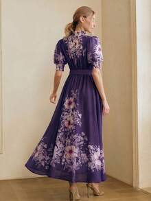 Anewsta Spring Summer Dark Purple Premium Floral Print Short Sleeve Waist-Cinching Tie-Up Long Dress For Women Wedding Party Date Romantic Casual - Bold Plum - View 7