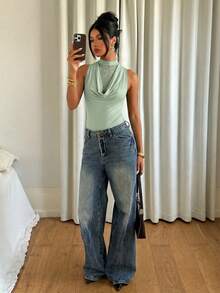 Siren Gaze Women's Fashion Plunging Neck Lace Patchwork Ruffle Bodysuit - Mint Green - View 5