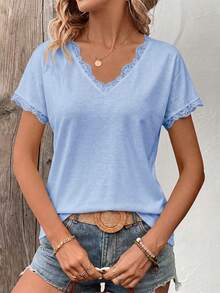 EMERY ROSE Women's Spring/Summer New Lace Trim V-Neck Short Sleeve T-Shirt - Blue - View 6