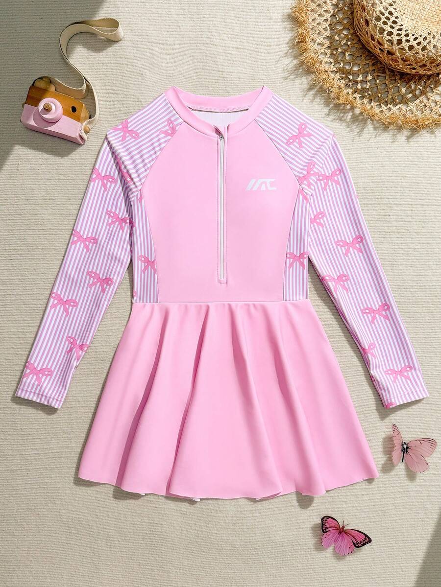 SHEIN Áo tắm liền thân nửa khóa kéo, nơ, kẻ sọc, dành cho bé gái tuổi teen đi nghỉ mát ở bãi biển. - Hồng - Xem 1