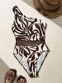 Bonvoyette Women's One-Piece Swimsuit,White,Summer,Casual,Holiday,Pool Party,Vacation,Holiday,Solid Color Mesh Patchwork,Asymmetric One Shoulder Backless Design - Multicolor - View 5