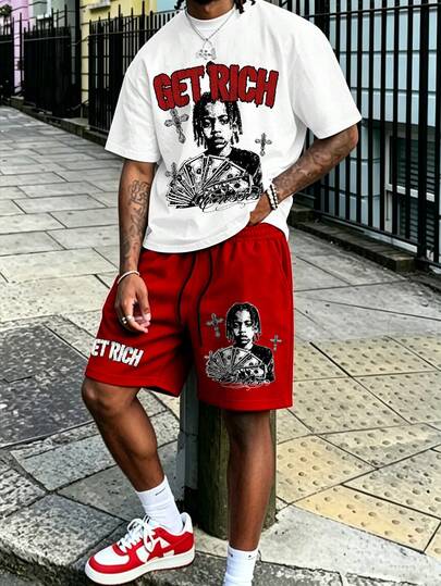 Manfinity EMRG 2pcs Men Street Style Set, White "GET RICH" Portrait Print Short Sleeve T-Shirt + Red Shorts, Retro Y2K Hip Hop Style For Summer Music Festival Party