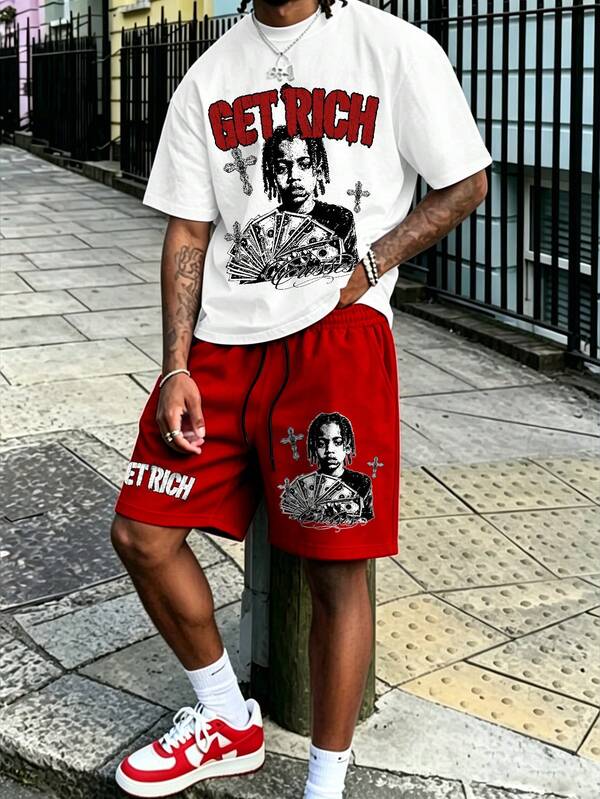 Manfinity Roghcode 2pcs Men Street Style Set, White "GET RICH" Portrait Print Short Sleeve T-Shirt + Red Shorts, Retro Y2K Hip Hop Style For Summer Music Festival Party
