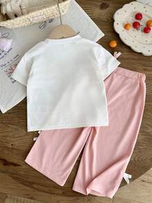 SHEIN 2件組女嬰幼兒0-3歲休閒百搭街頭風黑色T恤與長褲套裝 - 粉色 - 查看 2