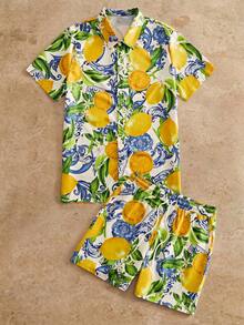 HIMLAND Bộ áo sơ mi và quần short nam phong cách tối giản họa tiết in casual - Nhiều màu - Xem 1