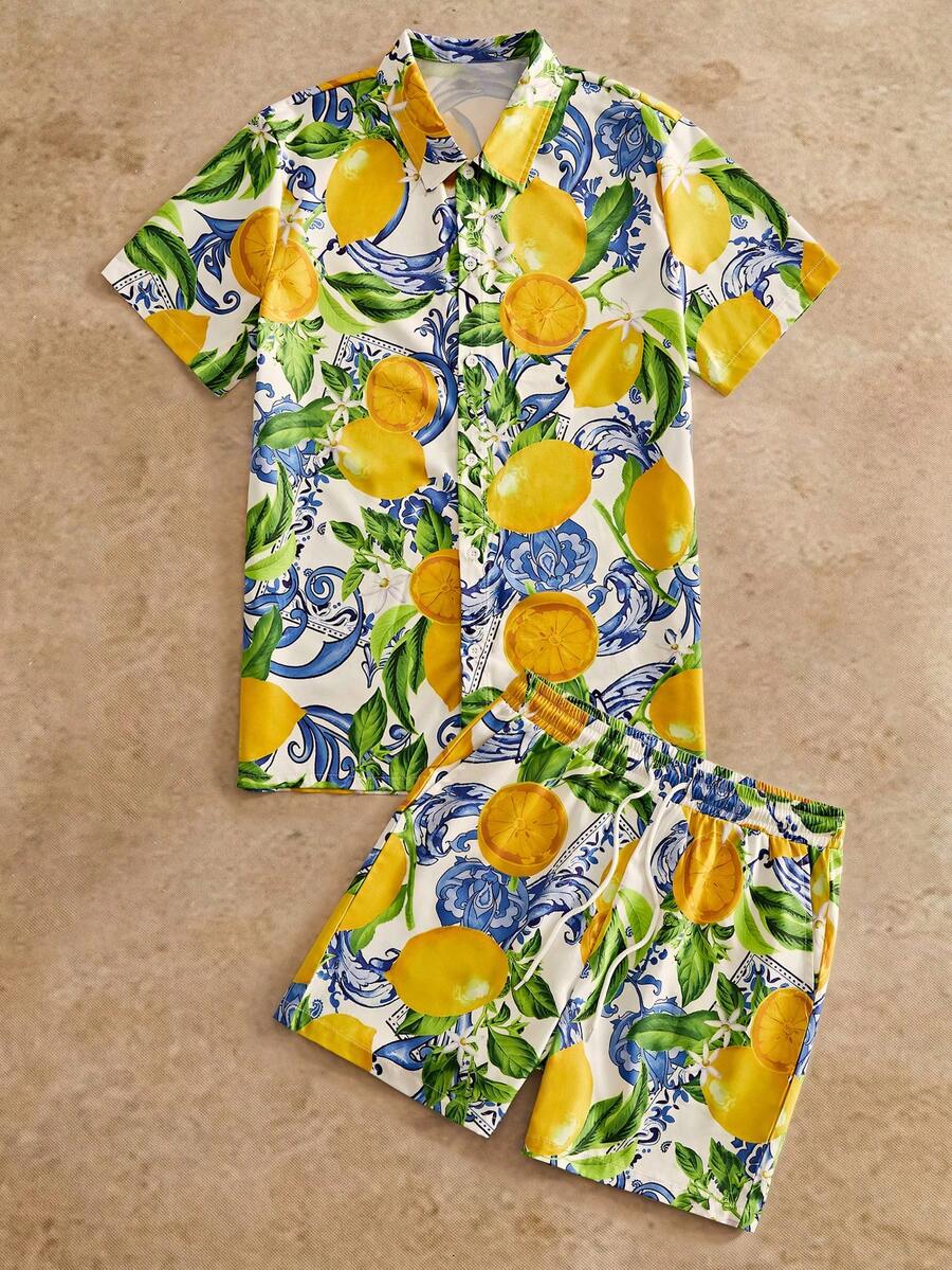 HIMLAND Bộ áo sơ mi và quần short nam phong cách tối giản họa tiết in casual - Nhiều màu - Xem 1