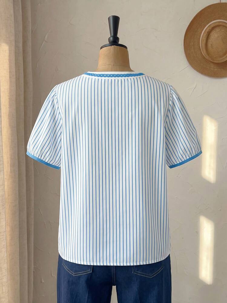 Plus Size Women Summer Beach Vacation Botanical Striped Print Notched Neck Short Sleeve Shirt Summer Top Summer Outfit For Women