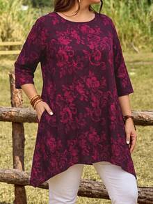 EMERY ROSE Plus Size Floral Print Casual Shirt With Pockets, Round Neck,Summer Vacation, Autumn,Fall - Red Violet - View 3