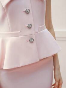MOTF PREMIUM PLUS SIZE WOMEN SUMMER WAIST CINCHED RHINESTONE BUCKLE SLEEVELESS RUFFLE HEM JACKET - Pink - View 8