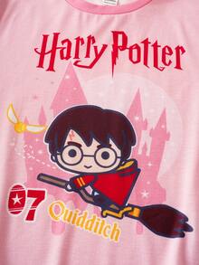HARRY POTTER X SHEIN 2pcs/Set Cute Style Tween Girl T-Shirt Set, Round Neck Short Sleeve Fitted Comfortable Top Paired With Double-Layer Skirt, Collaboration T-Shirt Set - Pink - View 4