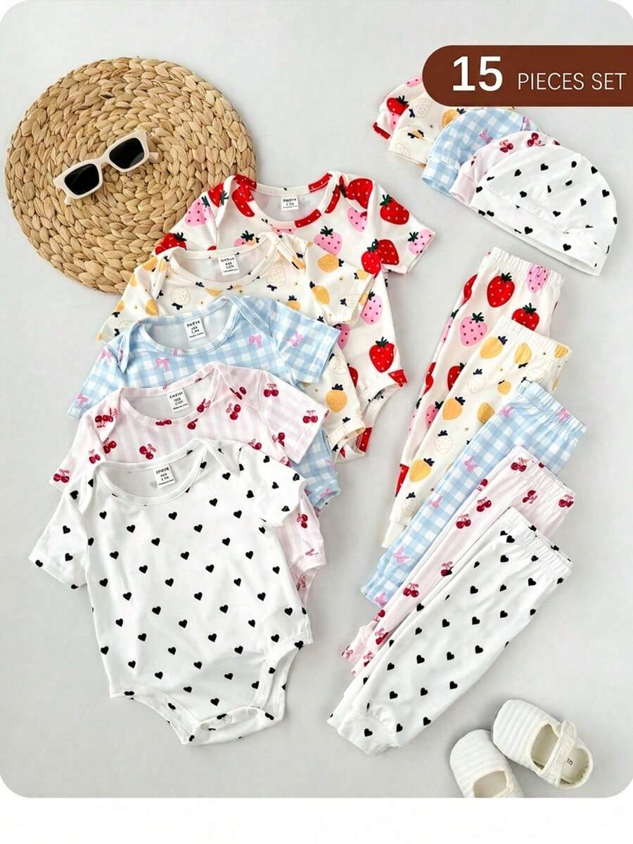 15-Piece Newborn Girl Casual Cute Knitted Striped Strawberry Print Short-Sleeve Romper And Hat Set (Cartoon Style) - Multicolor - View 1