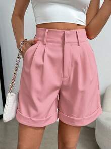 SHEIN Clasi Plus Size Women Casual Solid Color Cuffed Shorts - Dusty Pink - View 1