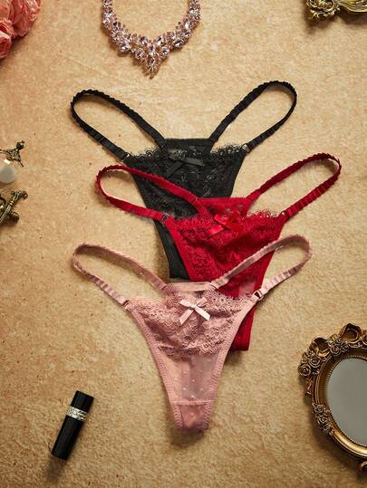 PinupPomp Set de 3 panties sexy de mujer con decoración de lazos y encaje en contraste para el Día de San Valentín