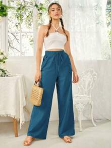 SHEIN Essnce Women's Solid Color Waist Tie Pocket Wide Leg Pants - Teal Blue - View 5