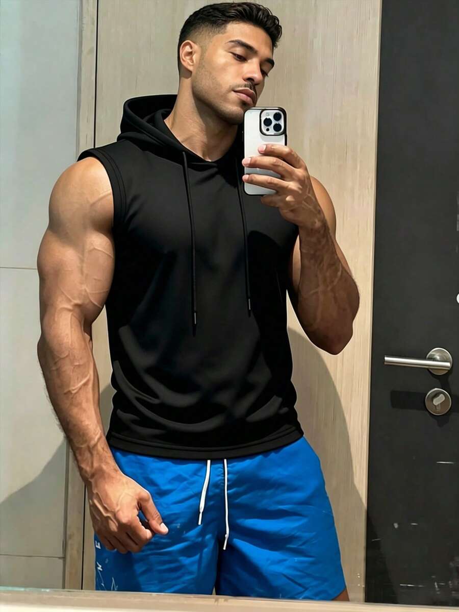 GymBeat Camiseta de tirantes deportiva con capucha y cordón ajustable de unicolor casual para hombres, verano, gimnasio, vacaciones - Negro - Ver 1