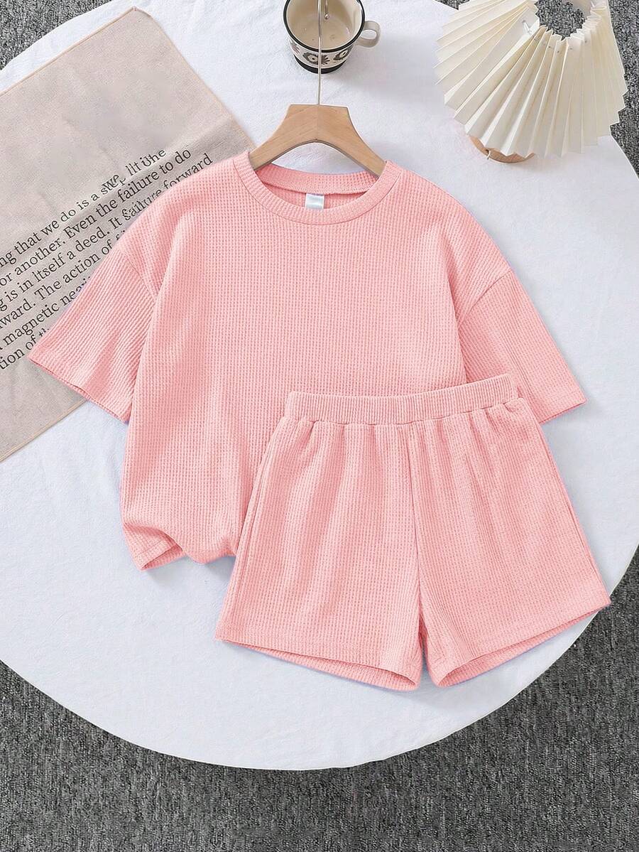 SHEIN LMoss Kids 两件套女童针织纯色圆领宽松T恤和修身短裤套装 - 粉色 - 查看 1