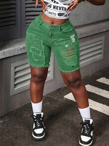 Slaydiva Women's Solid Color Distressed Frayed Hem Slim Fit Denim Shorts, Summer - Green - View 5