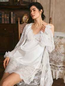 Côtesoire French Elegant Romantic Lace Patchwork V-Neck Camisole Satin Nightgown And Exaggerated Flared Lace Trim Robe Women Sleepwear Set - White - View 4