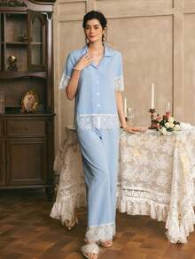 Côtesoire Women's Contrast Color Lace Patchwork Short Sleeve & Long Pants Striped Textured Woven Pajama Set - Blue - View 6