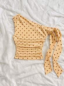 Women's Polka Dot Sleeveless Blouse With Ruching And Front Bow For KQTV - 黃色 - 查看 2