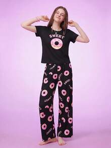 Notgurli Cartoon Doughnut Printed Short Sleeve And Long Pants Pajama Set For Spring/Summer - Black - View 4