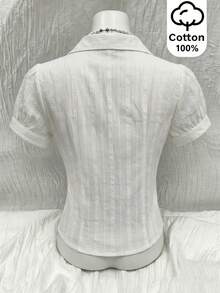 Elamini Women's Simple Solid Color Front Button Pleated Short Sleeve Blouse, Summer - White - View 3