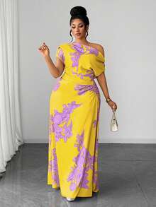 Maweii Plus Size Green Floral Print Ruched Waist Slit Shoulder Casual Vacation Dress - Multicolor - View 3