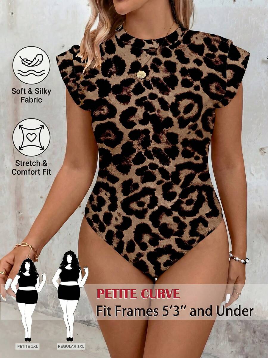 SHEIN PETITE CURVE 大码女式休闲简约豹纹连体衣,适合春夏海滩穿着及休闲外出 - 彩色 - 查看 1