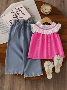 SHEIN Elladie kids 两件套女童休闲时尚荷叶边圆领宽松刺绣蕾丝印花背心上衣+牛仔喇叭裤刺绣裤脚套装，适合度假、旅行、日常穿着，夏季 - 玫紅色 - 查看 3