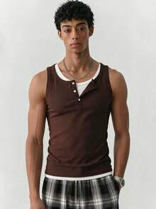 SWAVVY Men's Casual Sleeveless Half-Zip Breathable Tank Top - Coffee Brown - View 1