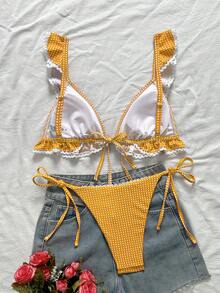 Swim Mod 女款甜美可愛格紋印花荷葉邊白色蕾絲比基尼上衣與側綁三角泳褲休閒海灘度假泳裝套裝 - 橘色 - 查看 2