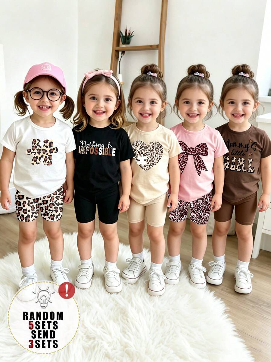 (Random 5 Sets, Send 3 Set) Baby Girl Fashion Fresh Leopard Pattern Puzzle Style Letter Printing Casual Style Basic Short T Plus Cycling Pants Set - Multicolor - View 1