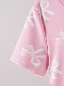 4pcs Girls Elastic Knit Short Sleeve Shorts Pajama Set With Bow & Heart Decor, Comfortable & Soft, Best Gift For Teenage Girls - Dusty Pink - View 6
