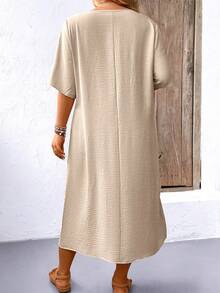 EMERY ROSE Plus Size Boho Women's Summer Casual A-Line Dress With Plant Embroidery, Round Neckline And Short Sleeve - Khaki - View 2