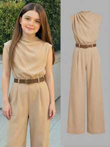 SHEIN Serisse Kids 少女優雅無袖繫帶連身褲 卡其色夏季派對穿搭 - 卡其色 - 查看 4