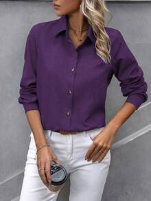 EMERY ROSE Camisa casual/de trabajo de mujer de unicolor, de manga larga y de abotonadura sencilla - Morado - Ver 3