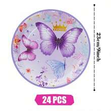 Juego desechable de platos, servilletas y vasos de papel con corona de mariposa morada, sirve para 24 invitados. Este juego de vajilla desechable de papel es adecuado para cumpleaños, bodas, fiestas temáticas y picnics familiares. - Ver 7