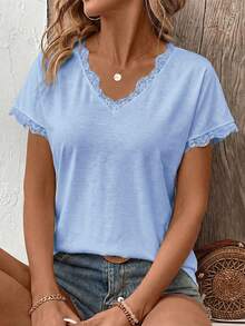 EMERY ROSE Women's Spring/Summer New Lace Trim V-Neck Short Sleeve T-Shirt - Blue - View 3