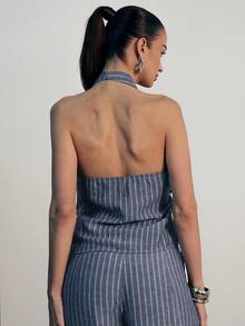 Hauture Women's Sleeveless Ruched Backless Striped Elegant Blouse, Old Money, Sophisticated Top, Work, Brunch, Baby Showers, Dates, Night Out, Wedding - Navy Blue - View 3